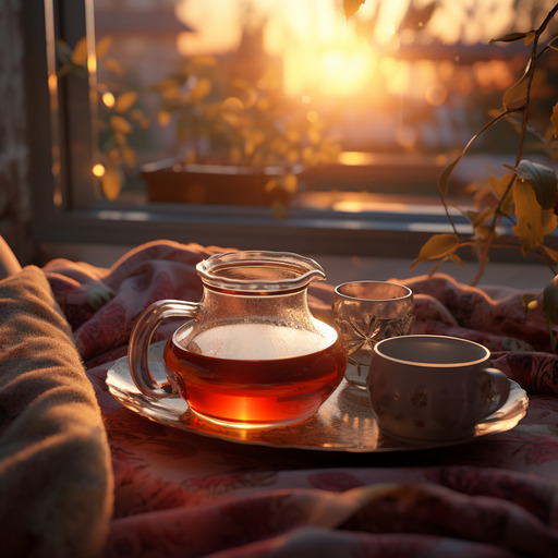 Eine Teekanne und eine Tasse Tee bei Sonnenuntergang