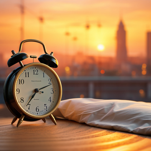 Ein Wecker neben einem Bett, im Hintergrund Sonnenaufgang