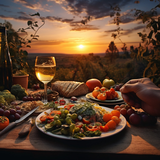 Ein Tisch mit gesundem Abendessen, im Hintergrund Sonnenuntergang