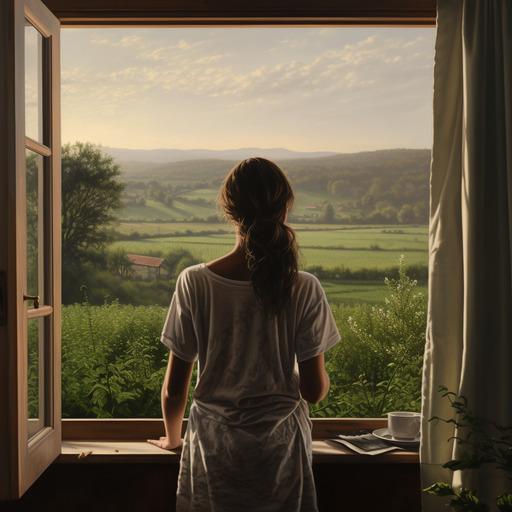 Eine Frau steht am offenen Fenster und schaut in die Landschaft