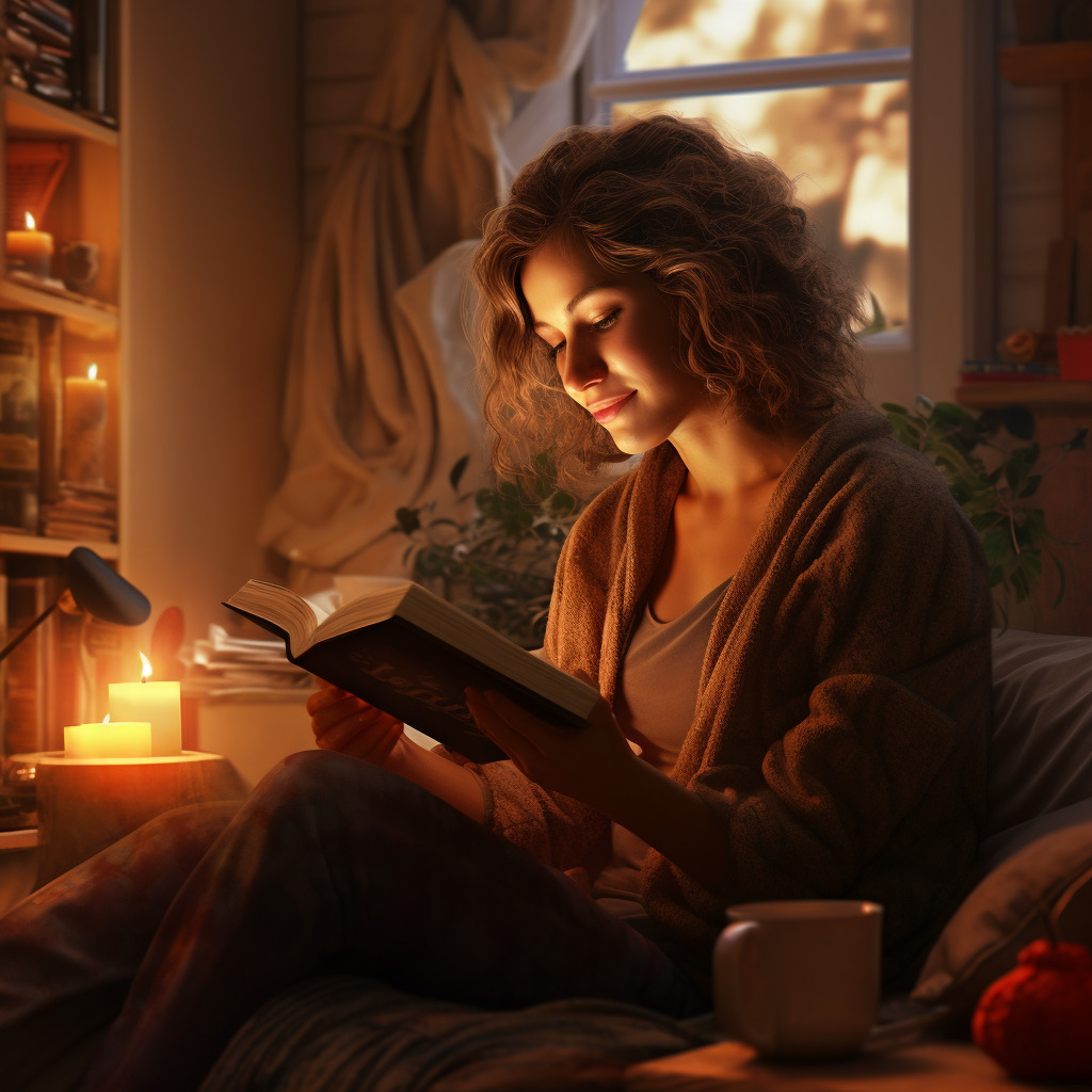 Eine Frau liest ein Buch in entspannter Atmosphäre